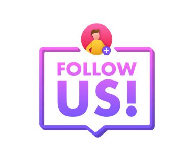 Düğme, beyaz arka planda bizi takip et. Vektör illüstrasyonu.