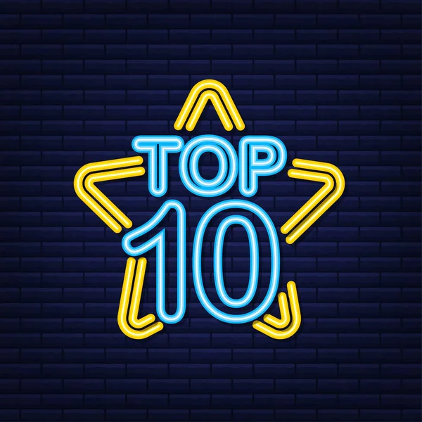 Top 10 - Top Δέκα χρυσά με μπλε ετικέτα νέον σε μαύρο φόντο. Εικονογράφηση διανύσματος. — Διανυσματικό Αρχείο