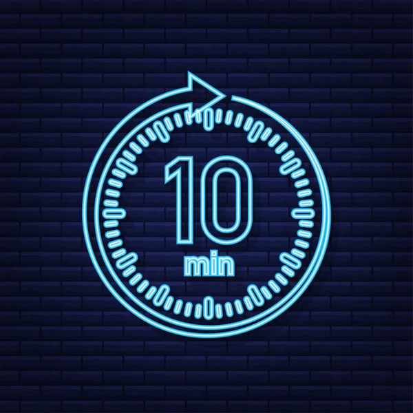 De 10 minuten, stopwatch vector neon icoon. Stopwatch icoon in platte stijl, timer op kleur achtergrond. Vectorillustratie. — Stockvector