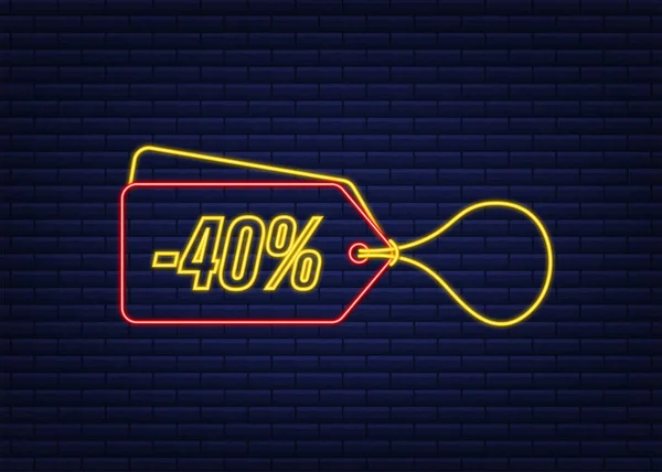 40 per cento OFF Vendita Sconto neon tag. Sconto offerta prezzo tag. 40% sconto promozione icona piatta con lunga ombra. Illustrazione vettoriale. — Vettoriale Stock
