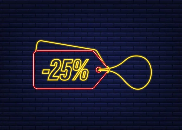 25 per cento OFF Vendita Sconto neon tag. Sconto offerta prezzo tag. 25% sconto promozione icona piatta con lunga ombra. Illustrazione vettoriale. — Vettoriale Stock