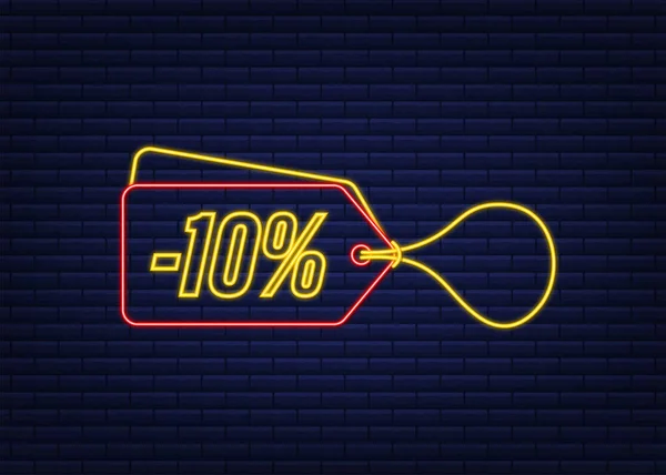 10 per cento OFF Vendita Sconto neon tag. Sconto offerta prezzo tag. 10% sconto promozione icona piatta con ombra lunga. Illustrazione vettoriale. — Vettoriale Stock