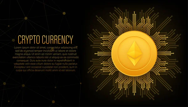Cryptocurrency logo. Etherium in flat style on golden background. Vector design isolated. Internet technology. — Stock Vector
