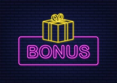 Terfi tasarımı için ikramiye. Neon simgesi. İndirimli reklam şablonu. Pazarlama tanıtım tasarımı için web şablonu. Vektör stok illüstrasyonu.