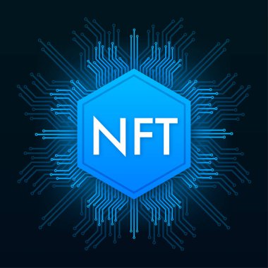 Nft laptop ekranlı düz çizim. Sancak vektörü. Düz dizayn. Vektör tasarım sanatı.