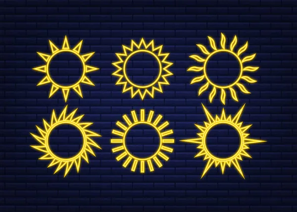 Icono del sol garabatos aislados sobre fondo azul. Temporada de sumarios. Sol neón conjunto. — Vector de stock