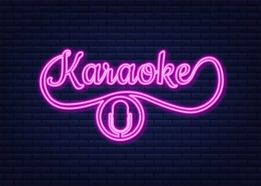 Mikrofon ikonu. Karaoke ile soyut afiş. Kutlama partisi. Karaoke partisi afişi. neon simgesi