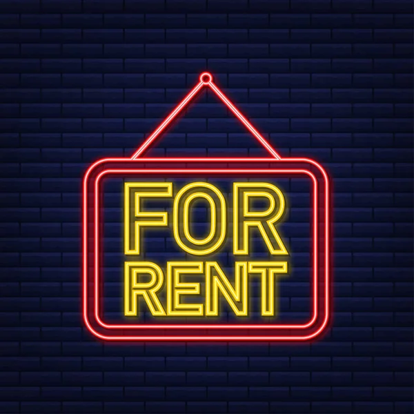 For rent red neon sign on blue background. House, property, rent. Vector stock illustration — Stock Vector