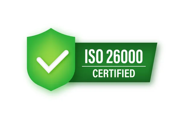 ISO 260000Icono de neón con placa certificada. Sello de certificación. Ilustración de stock vectorial. — Archivo Imágenes Vectoriales