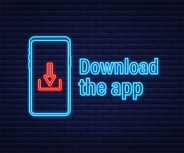 Downloadseite der mobilen App. Smartphone mit leerem Bildschirm für Ihre App. App Neon Icon herunterladen — Stockvektor