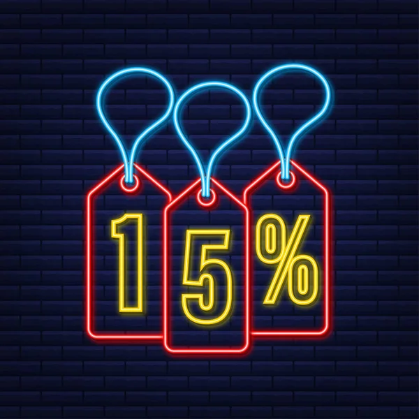 15 procent OFF Försäljning Rabatt neon tag. Rabatterbjudande prislapp. 15 procent rabatt främjande platt ikon med lång skugga. — Stock vektor