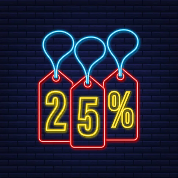 25 procent sleva z prodeje neon tag. Slevová nabídka cenovka. 25 procent sleva propagace ploché ikony s dlouhým stínem. — Stockový vektor