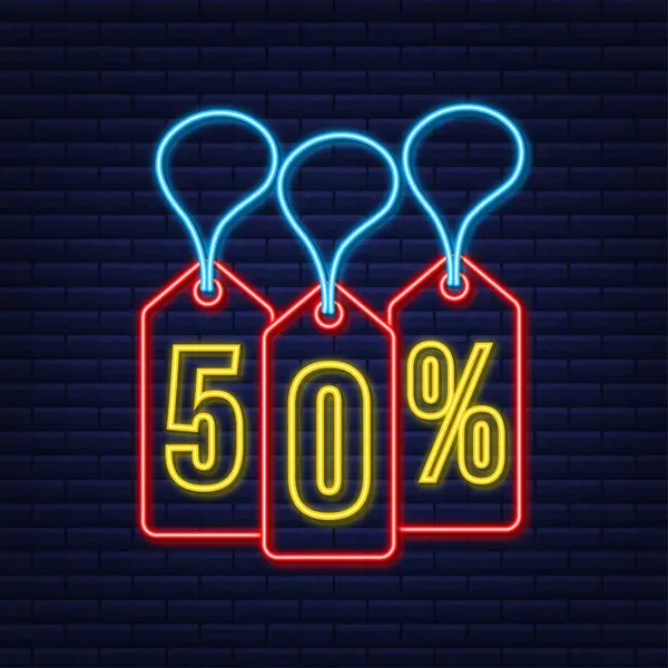 50 procent OFF Försäljning Rabatt neon tag. Rabatterbjudande prislapp. 50 procent rabatt marknadsföring platt ikon med lång skugga. — Stock vektor