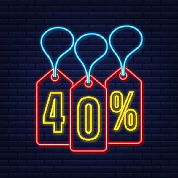40 procent OFF Försäljning Rabatt neon tag. Rabatterbjudande prislapp. 40 procent rabatt främjande platt ikon med lång skugga. — Stock vektor