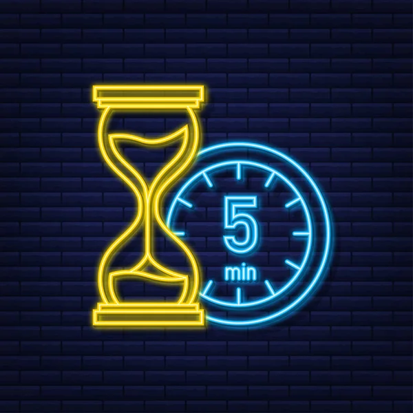 De 5 minuten, stopwatch vector neon icoon. Stopwatch icoon in platte stijl, timer op kleur achtergrond. Vectorillustratie — Stockvector