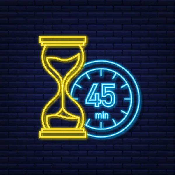 Los 45 minutos, icono de neón vectorial cronómetro. Icono de cronómetro en estilo plano, temporizador encendido sobre fondo de color. Ilustración vectorial — Vector de stock