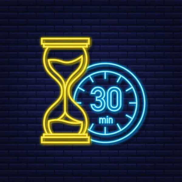 Los 30 minutos, icono de neón vector cronómetro. Icono de cronómetro en estilo plano, temporizador encendido sobre fondo de color. Ilustración vectorial — Vector de stock