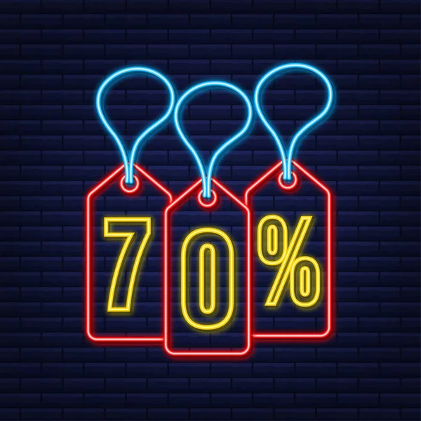 70 Prozent AUS Sale Discount Neon Tag. Preisschild mit Rabattangeboten. 70 Prozent Rabattförderung flaches Icon mit langem Schatten. — Stockvektor