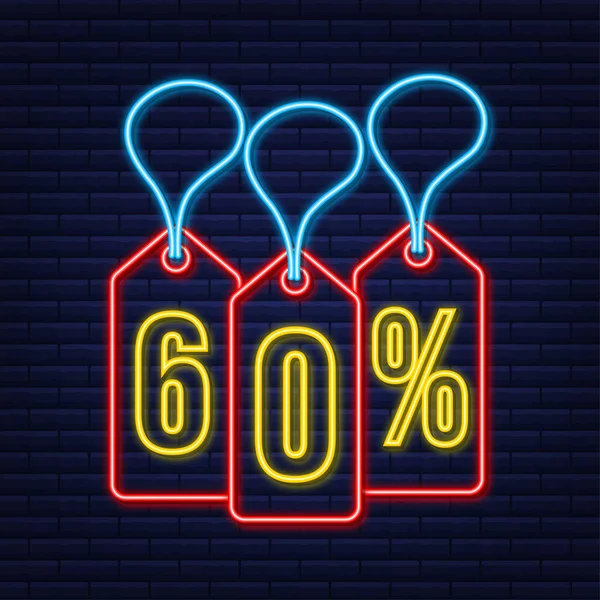 60 per cento OFF Vendita Sconto neon tag. Sconto offerta prezzo tag. 60% sconto promozione icona piatta con ombra lunga. — Vettoriale Stock