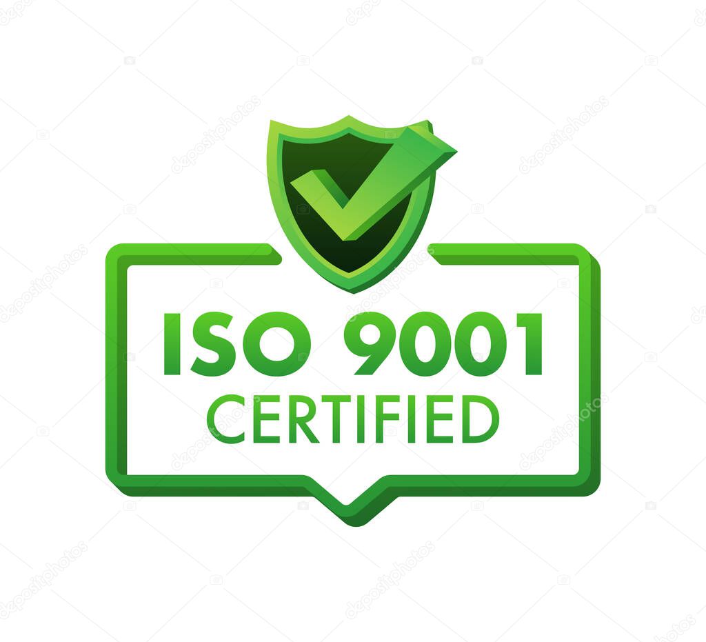 ISO 9001 Certified badge, icon. Certification stamp. Flat design vector illustration