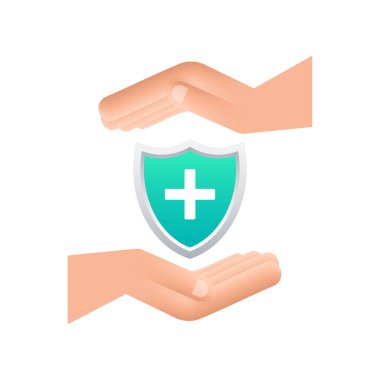 Sağlık sigortası. Eller sigorta tabelasını tutuyor. Tıbbi koruma, sağlık sigortası konseptleri. Düz dizayn. Vektör stok illüstrasyonu.