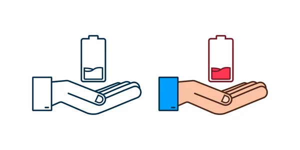 Ontladen batterij met handen. Set van batterijladingsniveau-indicatoren. Vectorillustratie. — Stockvector