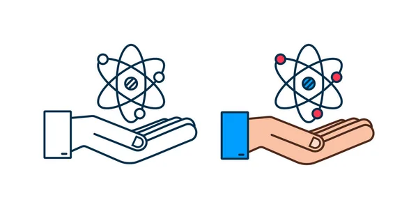 Atom simgesi el vektörü üzerinde, atom sembolleri beyaz arkaplanda. — Stok Vektör