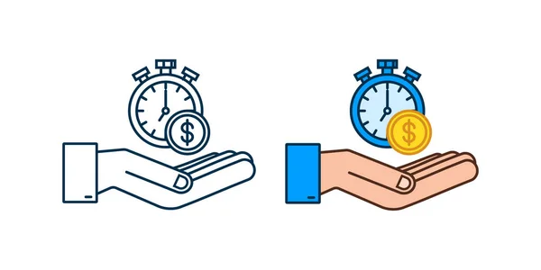 Tid är pengar koncept, klocka och mynt i händerna, långsiktiga finansiella investeringar. Vektorillustration. — Stock vektor