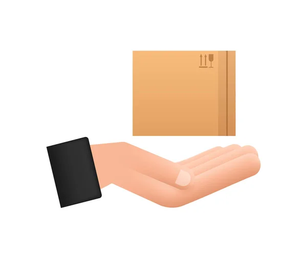 Carton parcel box in hands. Shipping delivery symbol. Gift box icon. Vector stock illustration. — Stock Vector