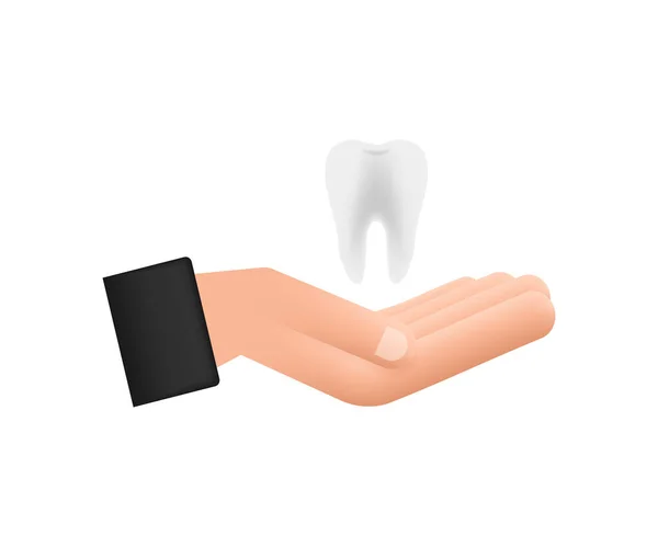 치아 표시기 치과 의사. 손에 있는 건강 한 치아. 인간의 이빨. 벡터 일러스트. — 스톡 벡터