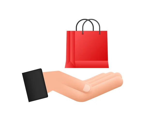 Online winkelen e-commerce concept met online winkelen en marketing icoon. Handen die boodschappentassen vasthouden. Vectorillustratie. — Stockvector