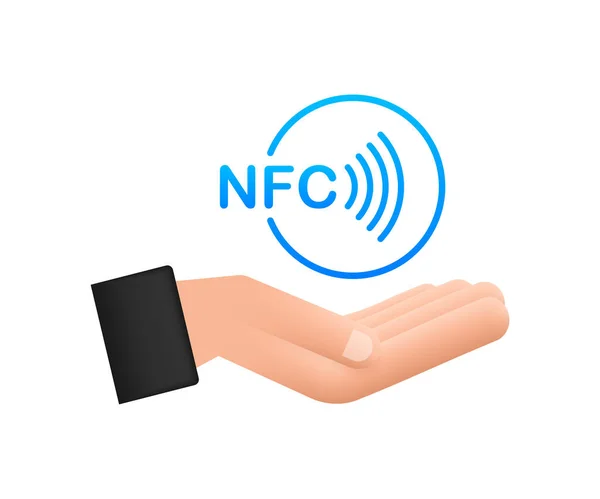 Ασύρματη σύνδεση pay sign στο λογότυπο χέρια. Τεχνολογία NFC. Εικονογράφηση διανύσματος. — Διανυσματικό Αρχείο