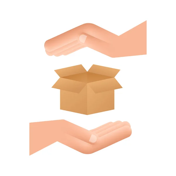 Pacchetto di cartone scatola aperta in mano. Spedizione simbolo di consegna. Icona della confezione regalo. Illustrazione dello stock vettoriale. — Vettoriale Stock
