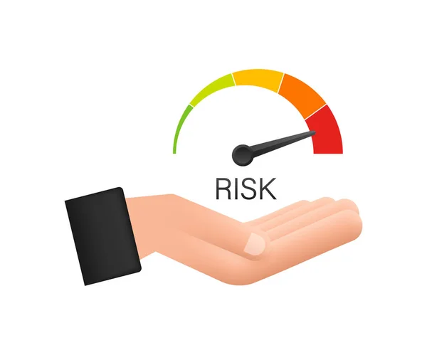 Icono de riesgo en el velocímetro en las manos. Medidor de alto riesgo. Ilustración de stock vectorial. — Vector de stock
