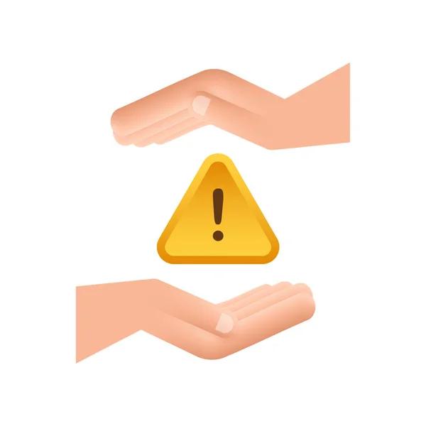 Banner με κίτρινο συναγερμό απάτη πάνω από τα χέρια. Σημάδι προσοχής. Εικονίδιο ασφαλείας. Προσοχή προειδοποιητικό σήμα αυτοκόλλητο. Επίπεδο προειδοποιητικό σύμβολο. Εικονογράφηση διανύσματος. — Διανυσματικό Αρχείο