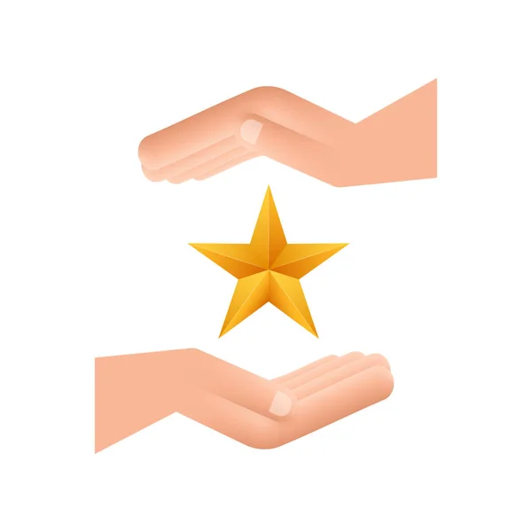 Реалистичная металлическая золотая звезда над рисунком руки на белом фоне. Векторная иллюстрация. — стоковый вектор