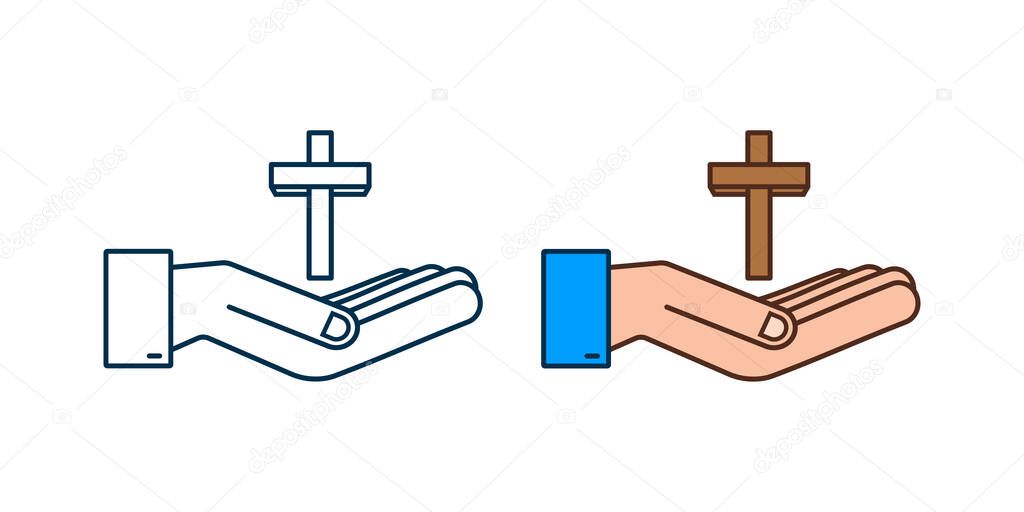 Cross wood icon in hands design on white background. Religion icon.