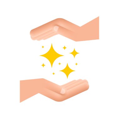 Sarı parıltılı semboller ellerinde. Orijinal vektör yıldızlarının kümesi parlayan bir simge. Parlak havai fişek, dekorasyon pırıltısı, parlak ışık. vektör illüstrasyonu.