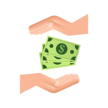 Konsept tasarım için düz para eli. Elinde yeşil para banknotları vardı. Düz tasarım.