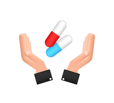 Kapsül hapları ellerinde. Beyaz arka planda kapsülleri olan gerçekçi haplar. Vektör illüstrasyonu.