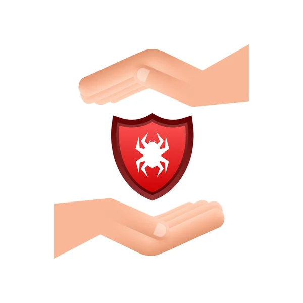 Gevaar symbool van het virus boven handen vector illustratie. Virusbescherming. Computervirus alarm. Veiligheid internet technologie, gegevens veilig. — Stockvector