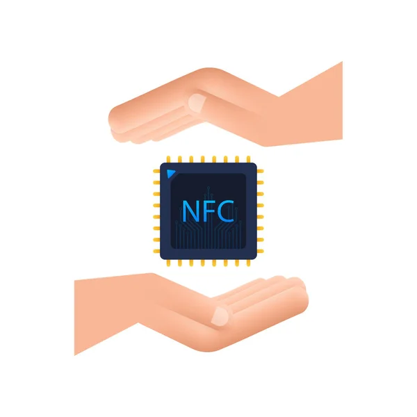 NFC εικονίδιο επεξεργαστή με τα χέρια. Τσιπ NFC. Επικοινωνία κοντά στο πεδίο. Εικονογράφηση διανύσματος. — Διανυσματικό Αρχείο