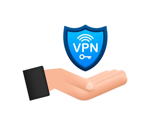 Conceito de conexão VPN segura com as mãos. Hnads segurando sinal vpn. Visão geral da conectividade de rede privada virtual. Ilustração do estoque vetorial. — Vetor de Stock