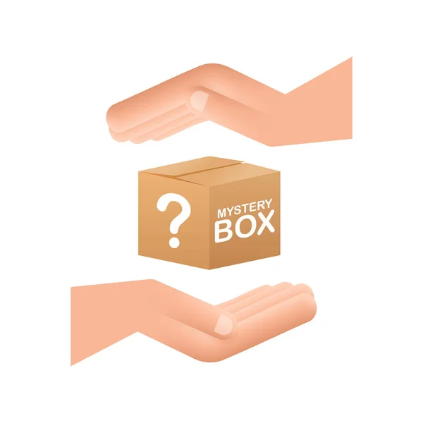 Mystery box with hands. Packaging for concept design. Surprise present. Package design. Help symbol. Question mark icon. Vector stock illustration. — Stock Vector