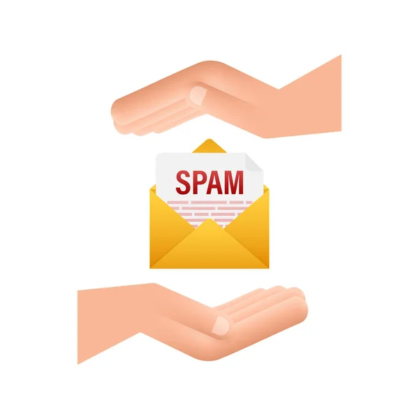 Não há sinal de spam nas mãos. Spam Email Warning. Conceito de vírus, pirataria, pirataria e segurança. Envelope com spam. Ilustração vetorial. — Vetor de Stock