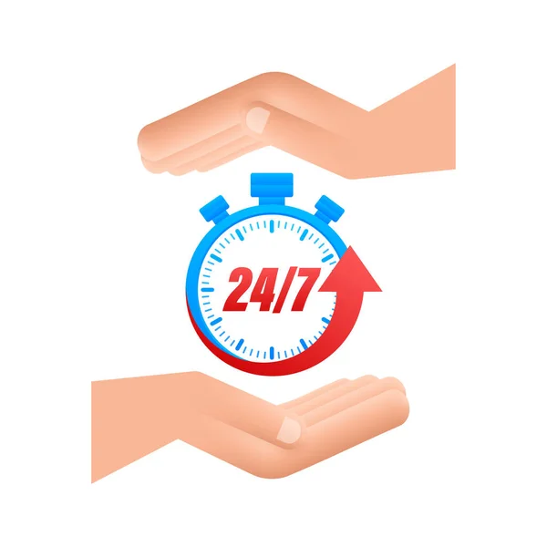 24-7 service concept with hands. 24-7 open. Support service icon. Vector stock illustration. — Stock Vector