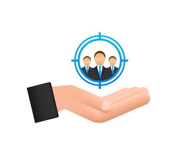 Concepto de gestión de relaciones con las manos. Organización de datos sobre trabajo con clientes, concepto de CRM. Ilustración vectorial. — Vector de stock
