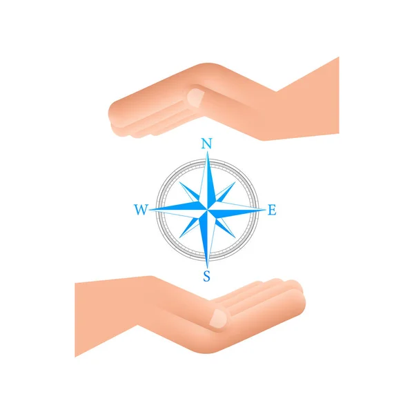 Ícone de bússola sobre as mãos sobre fundo branco. Símbolo de navegação vetorial plana. Ilustração do estoque vetorial. —  Vetores de Stock