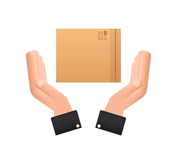 Caixa de encomendas de cartão nas mãos. Símbolo de entrega. Ícone da caixa de presente. Ilustração do estoque vetorial. — Vetor de Stock