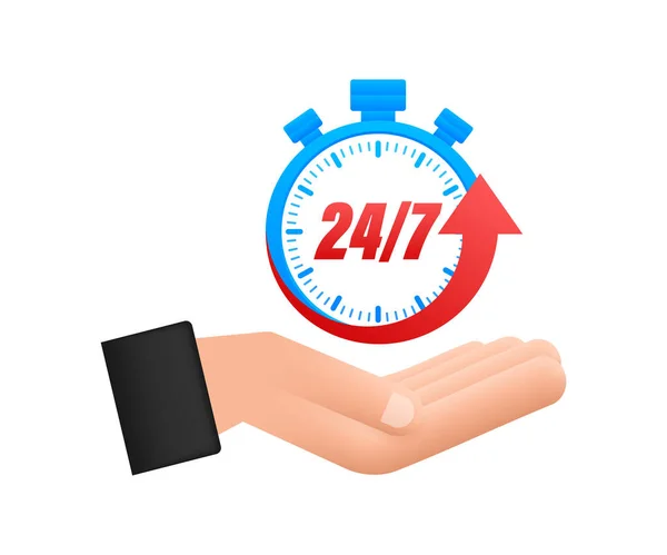24-7 concetto di servizio con le mani. Aperto 24 ore su 24. Icona del servizio di supporto. Illustrazione dello stock vettoriale. — Vettoriale Stock